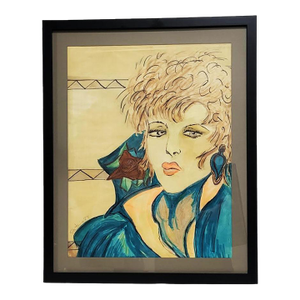Original Watercolor Exotic Pop Star Woman - Artist Signed "Patricia" - Manner of Patrick Nagel