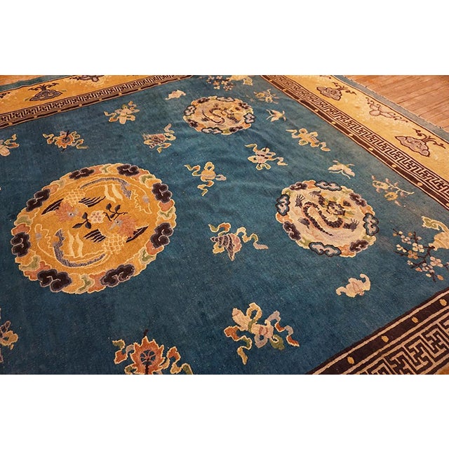 Royal Blue Background With Great Asymmetric Pattern and Allover-Medallion Design Antique Chinese Peking Rug For Sale - Image 4 of 11