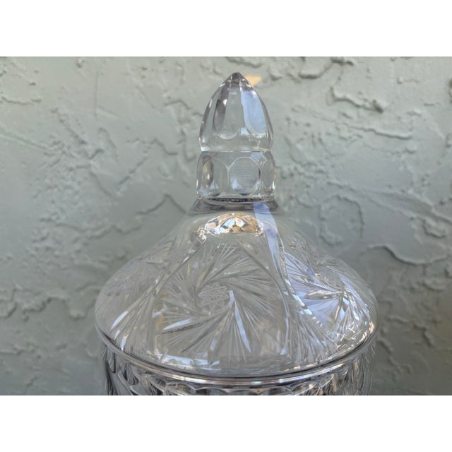 Hollywood Regency Vintage Cut Crystal Pedestal Lidded Apothecary Jar With Finial Top For Sale - Image 3 of 10