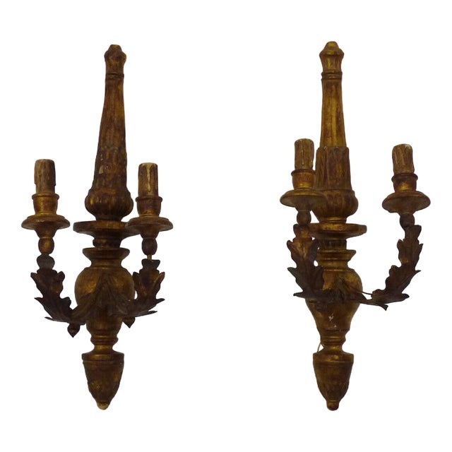 Large Vintage Italian Wall Lights in Gilded Wood and Metal Arms, 1950s, Set of 2 For Sale