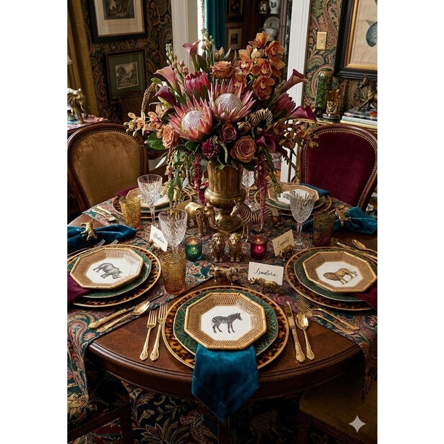 A vibrant set of four octagonal Safari-themed salad plates, each featuring a different hand‑painted animal — tiger, zebra,...