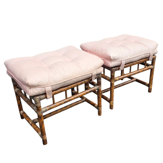 Late 20th Century Pair of Mid-Century Hollywood Regency Faux Bamboo Benches With Tufted Cushions For Sale - Image 5 of 10