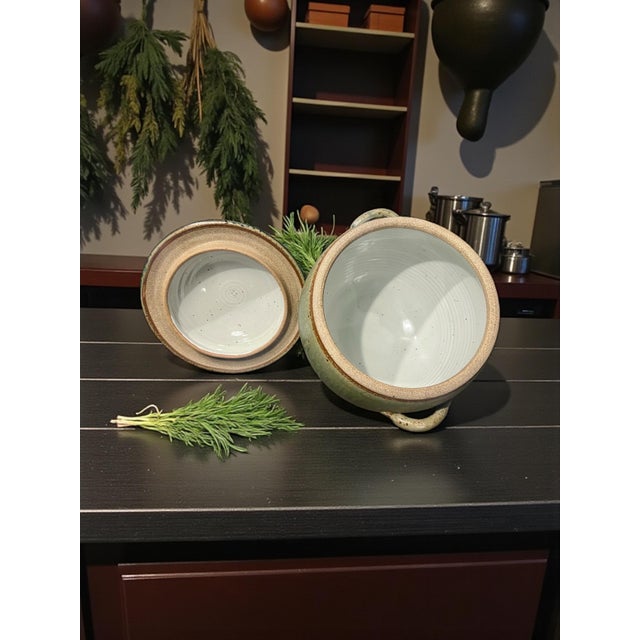 Celadon Brad Tucker Cedar Creek Pottery-Nc-Lidded Jar-Celadon Green Drip Glaze-Stoneware For Sale - Image 8 of 11