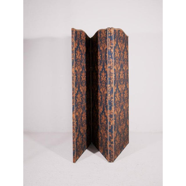Antique Room Divider Paravent Folding Screen with Blue and Gold Fabric, 1900 For Sale - Image 3 of 11