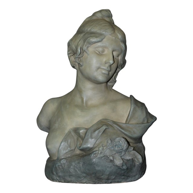 Bust of Young Woman in Ceramic with Blue-Green Patina by Léopold Bernard Bernstamm for Emile Muller, 1890s For Sale