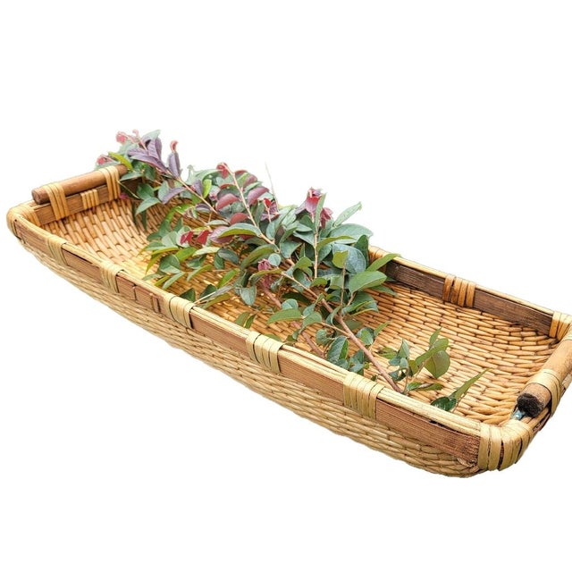 Antique / Vintage Asian Rice Gathering Basket Large rectangular shape with sturdy bamboo trim and handle Hand-woven...