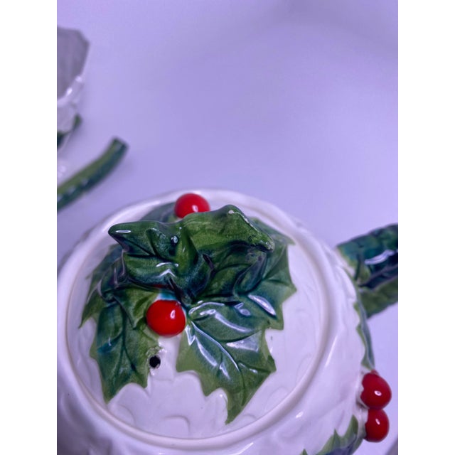 Ceramic Vintage Lefton Holly Berry Christmas Teapot, Sleigh-Shaped Candy Bowl and Small Basket Bowl With a Handle, Set of 3 For Sale - Image 7 of 10