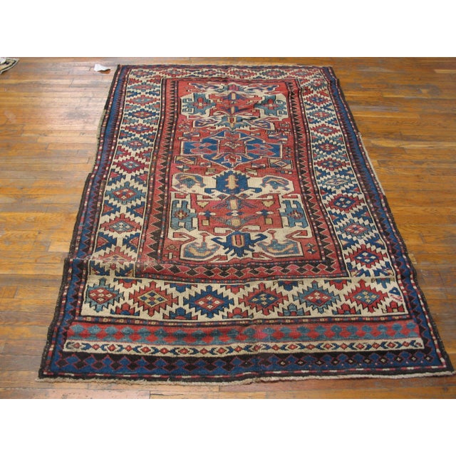 1880s Red Geometric Tribal Antique Caucasian Kazak Rug 4'7"x 6'6" Knotted Wool Carpet For Sale - Image 4 of 9