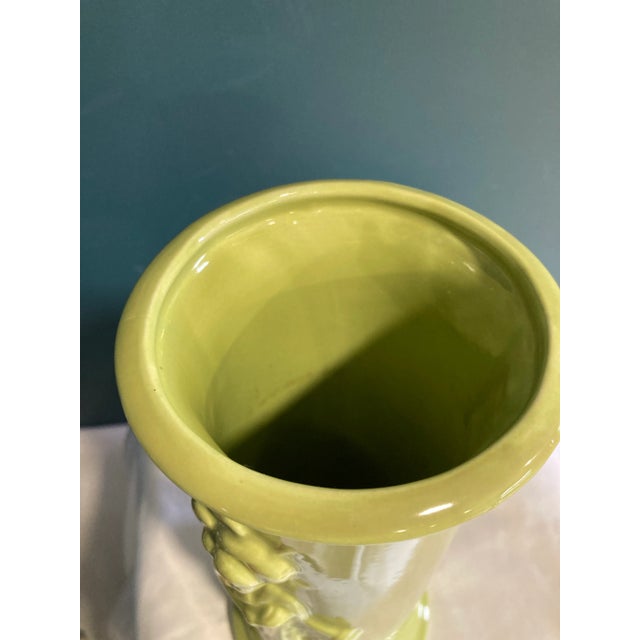 Asian Vintage Chartreuse Green Ceramic Vase With Asian Woman Relief For Sale - Image 3 of 10