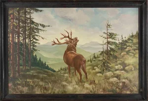 Paul Wilde, Deer, Original Oil and Tempera, Early 20th Century, Framed
