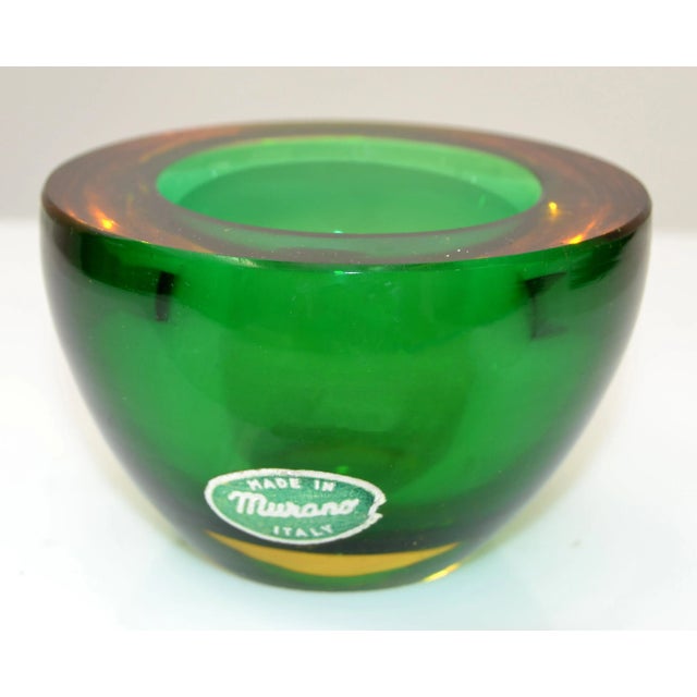 Dark Green Marked Murano Art Glass Round Amber & Green Blown Glass Catchall Bowl Italy 1960 For Sale - Image 8 of 13