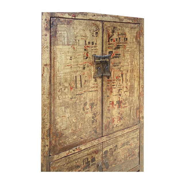 1980s Chinese Distressed Sorrell Brown Graphic Tv Dressing Storage Cabinet For Sale - Image 5 of 7