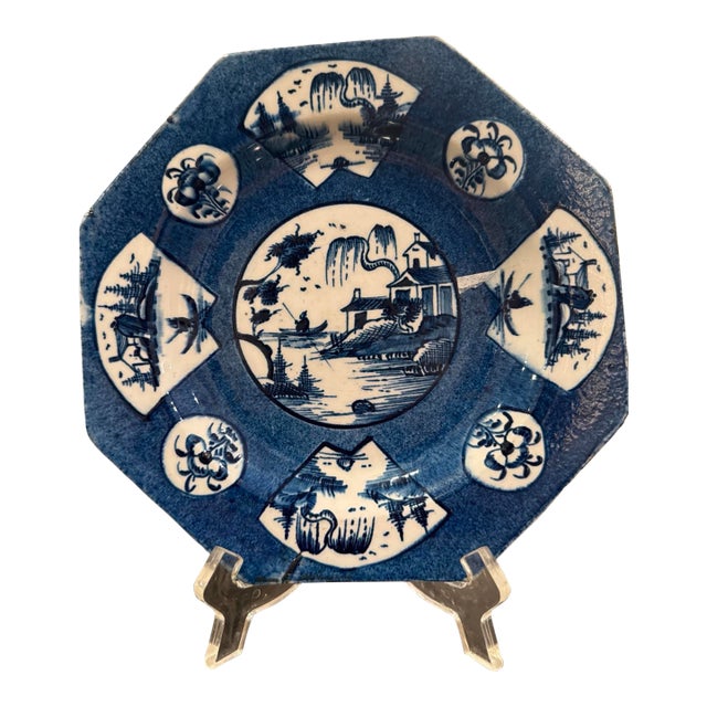 Antique Bow Porcelain Blue White Octagonal Plate 1760 George III Chinoiserie. For Sale