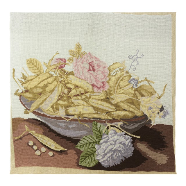 Vintage Botanical Needlepoint Textile Art – Still Life Bowl of Pease and Pink Rose Blossom For Sale