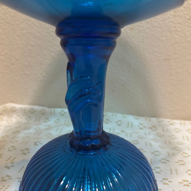 1960s Vintage Blue Glass Compote With a Hand on Stem For Sale - Image 5 of 10