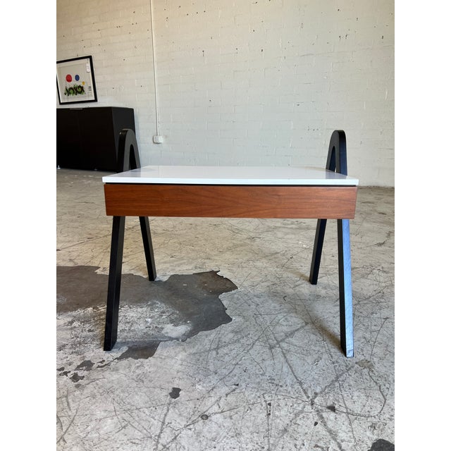 One of a kind mid century modern side table, newly customized, featuring an original Knoll cabinet with drawer on new...