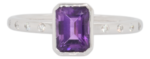 Stella Solid 14k Gold Amethyst Ring With Natural Diamonds Accents, Emerald Cut, Size 6.75