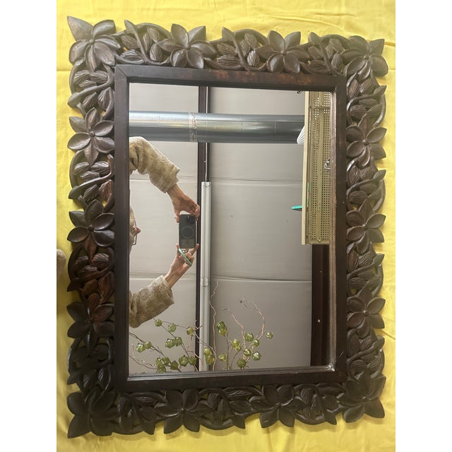 1970s Large Vintage Carved Wood Floral Wall Mirror For Sale - Image 5 of 7