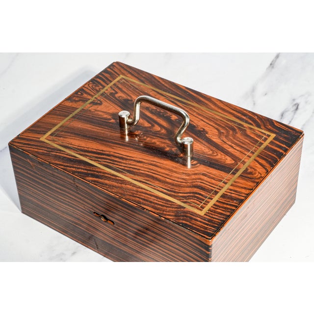 19th Century Amazing Antique Painted Faux Wood Metal Lock Strong Box With Key Home Office Decor For Sale - Image 5 of 16