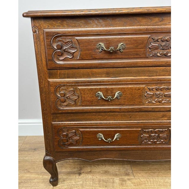 Vintage French Louis XVI Style Carved Oak Chest of Drawers For Sale - Image 6 of 14