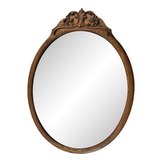 Antique Oval Oak Beveled Wall Mirror – Late Victorian / Edwardian – Carved Crest For Sale