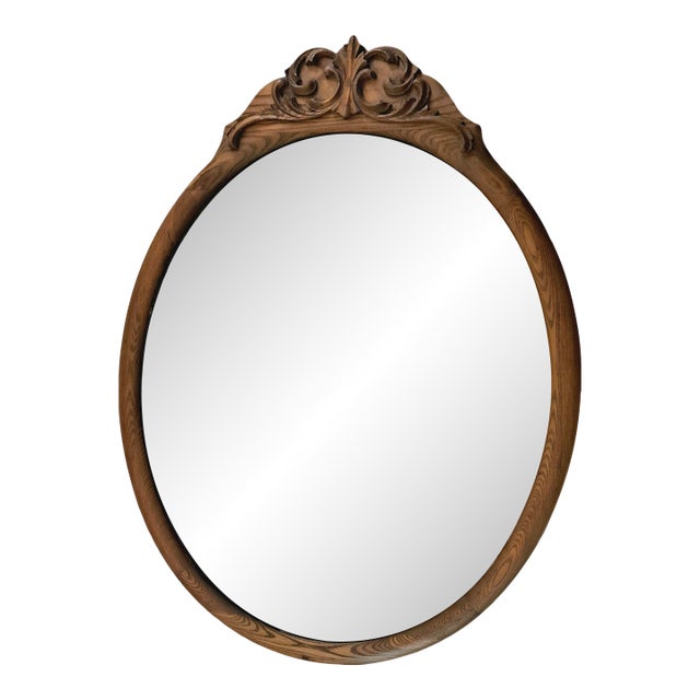 Antique Oval Oak Beveled Wall Mirror – Late Victorian / Edwardian – Carved Crest For Sale