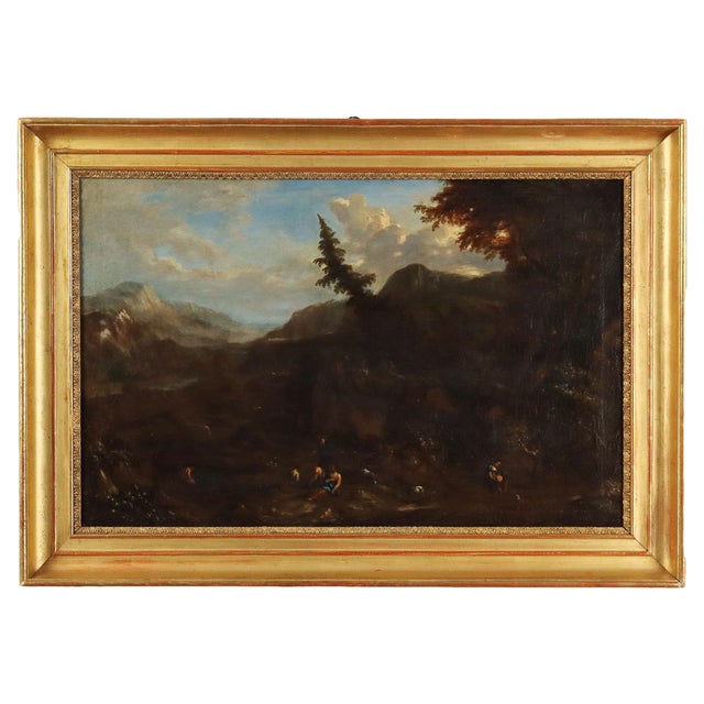 Landscape with Figures, 18th Century, Oil on Canvas, Framed For Sale