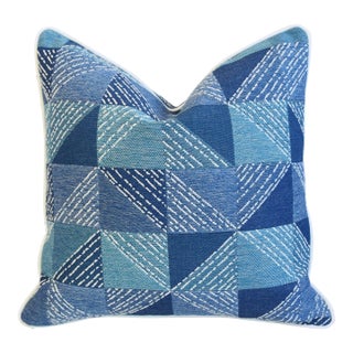 Contemporary Modern Geometric Blue& White Feather/Down Pillow 18" Square For Sale