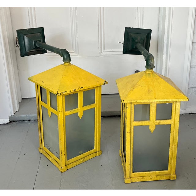 Pair antique early 20th century Aesthetic Movement Mission outside iron wall lanterns in the style of Charles Rennie...