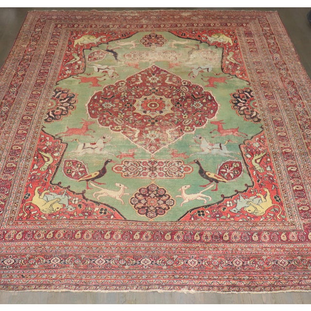 19th Century Green Hunting Animal Doroksh Persian Distressed Rug , 10'2'' X 12'10'' For Sale - Image 5 of 15