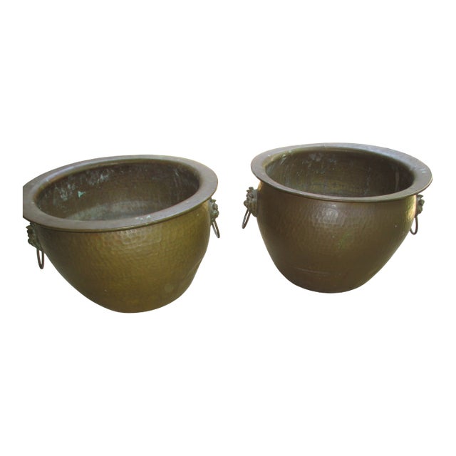 Vintage Large Hammered Brass With Foo Dog Handles Planter, A Pair For Sale