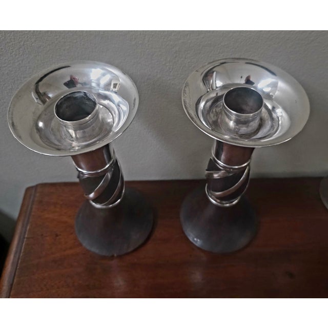 Mid-Century Modern William Spratling Sterling Silver and Rosewood Candlesticks For Sale - Image 3 of 5