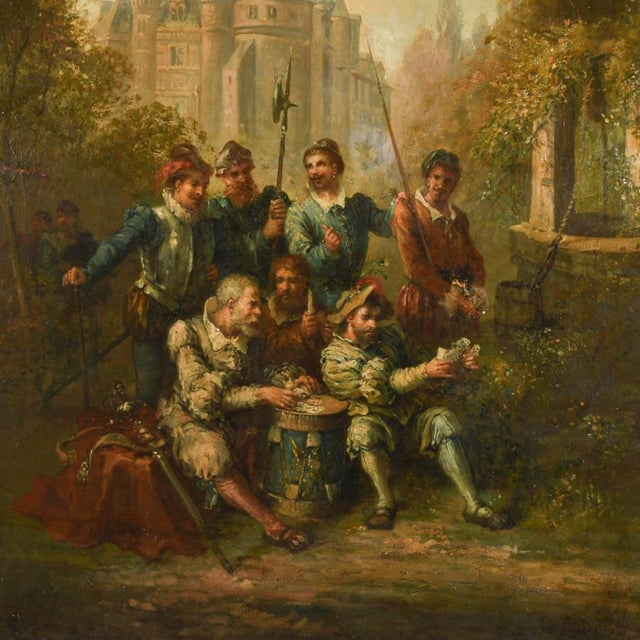 Elevate your collection with this exquisite antique Merriment in the Garden oil on canvas Painting signed by Carlo Rossi...