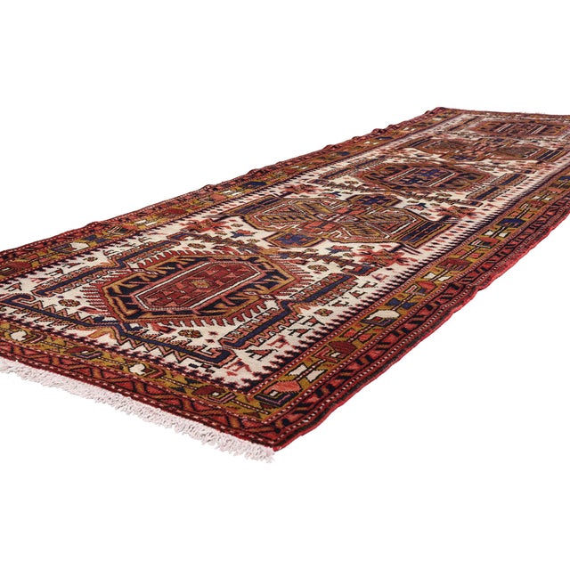 61500 Vintage Persian Heriz Rug Runner, 03'08 x 11'01. The Majestic Corridor of Heriz: A Persian Masterpiece of Geometric...