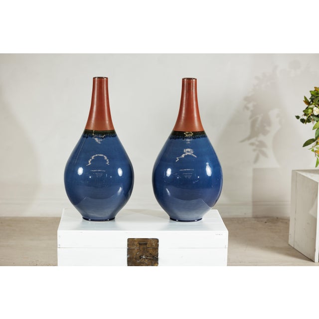 Large Artisan Teardrop Ceramic Vases in Deep Blue and Terracotta Glaze - A Pair For Sale - Image 17 of 18