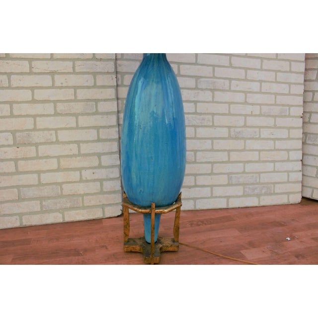 Wood Vintage Regency Oversized Turquoise Table Lamp With Gold Lamp Shade For Sale - Image 7 of 11