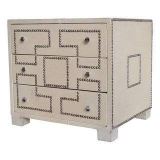 Vintage Hollywood Regency Studded Faux Leather Nightstand Table Campaign Chest For Sale