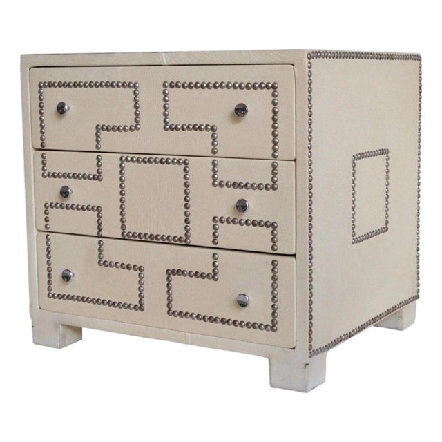 Vintage Hollywood Regency Studded Faux Leather Nightstand Table Campaign Chest For Sale