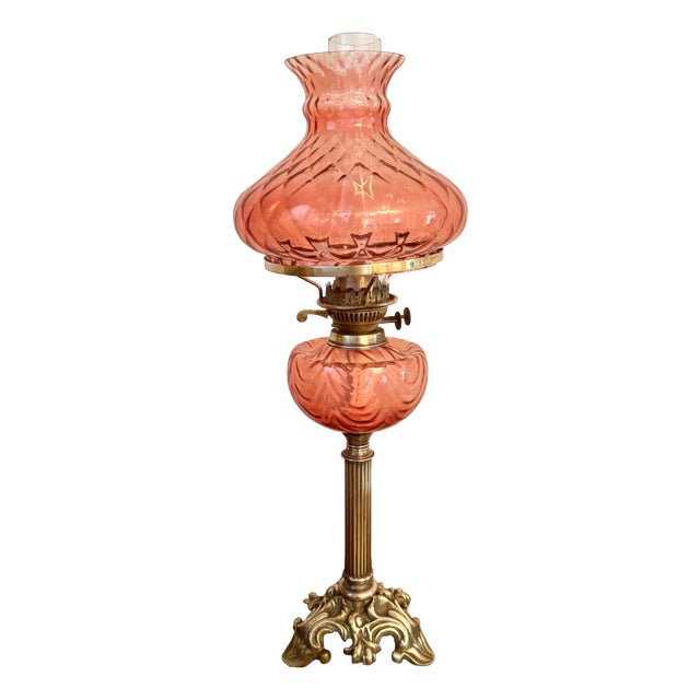 Antique Edwardian Cranberry Glass and Brass Oil Lamp, 1900 For Sale