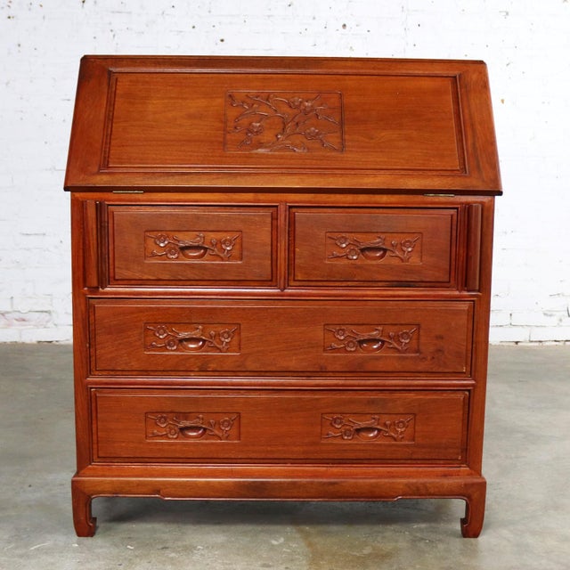 Handsome Asian teak hand carved drop slant front desk with interior compartmentalized cubby storage in the style of George...