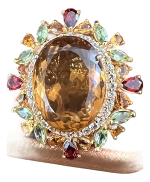 Bochic “Orient” Vintage Citrine, Peridot & Rhodolite Ring Set In 18K Gold & Silv