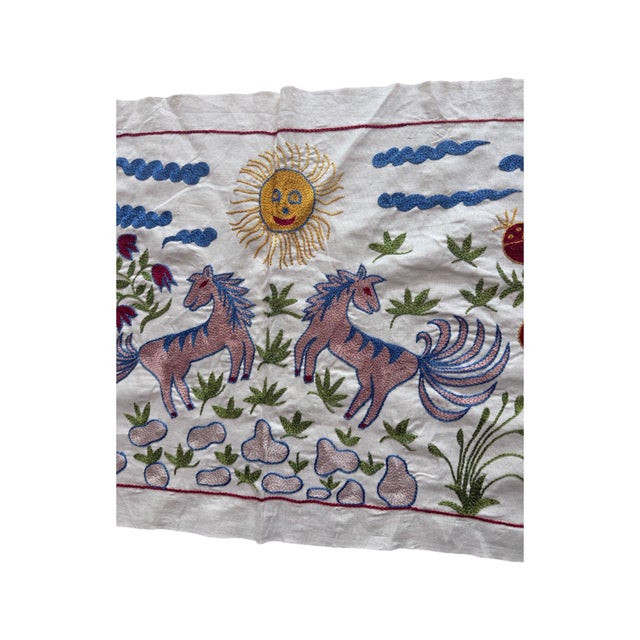 Mid-Century Modern Winged Horse Suzani Wall Hanging, Sun Face For Sale - Image 3 of 5