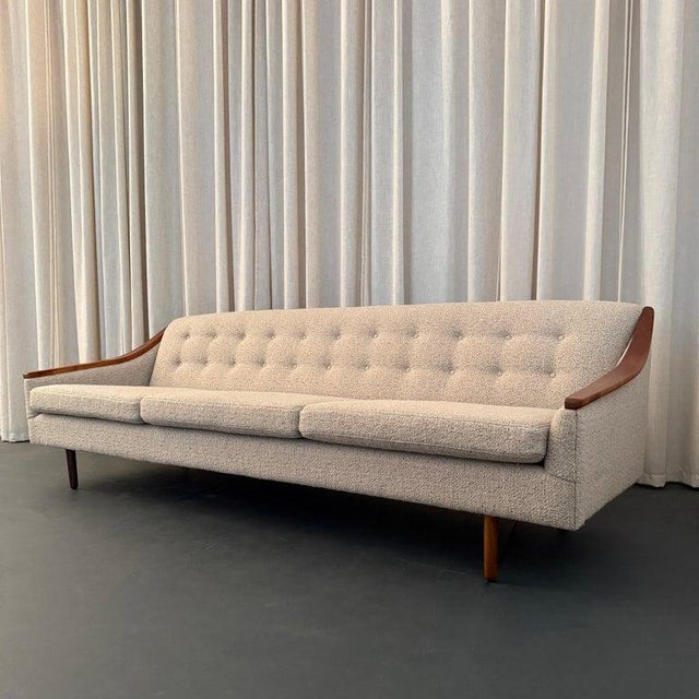 1960s 1960s Scandinavian Modern Cream Upholstered Sofa With Teak Accents For Sale - Image 5 of 12