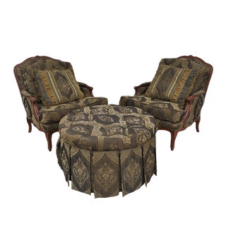 Vintage French Bergere Lounge Chairs & Ottoman - Set of 3 (Mr15400) For Sale