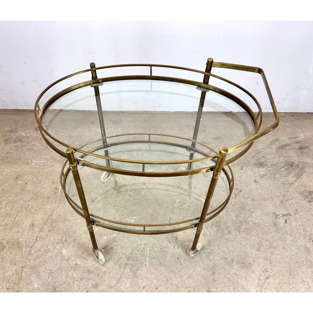 Mid 20th Century Modern / Hollywood Regency Brass Two-Tier Oval Bar Cart / Tea Cart For Sale In New York - Image 6 of 12