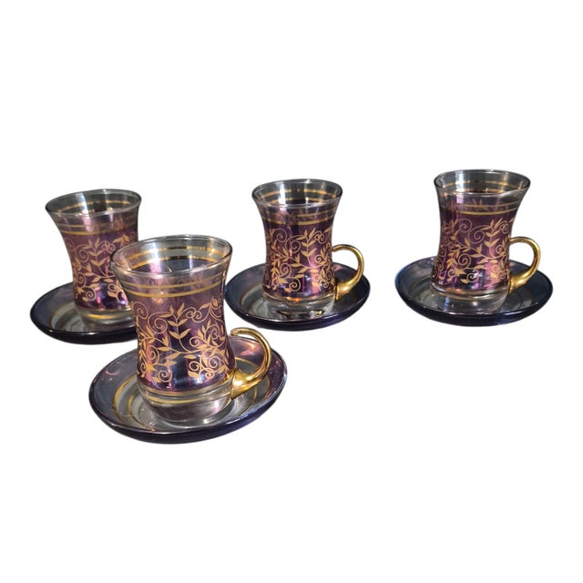 Purple Vintage Turkish Tea Cup Set for Four Elegant Purple Gilded Glass For Sale - Image 8 of 8