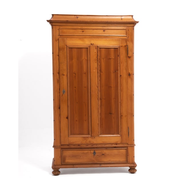 Wood Scandinavian Single Door Pine Wardrobe Pagoda Crown Bun Feet Two Keys Original Condition 1880s For Sale - Image 7 of 15