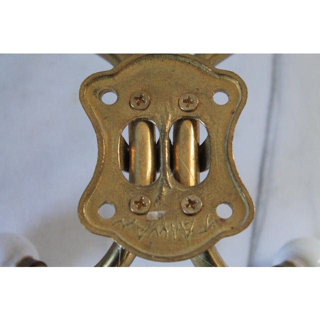 Brass Vintage Brass and White Porcelain 4-Hook Wall Mount Coat or Hat Hanger For Sale - Image 8 of 8