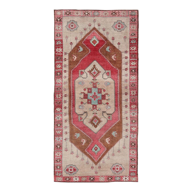 Large Vintage Turkish Oushak Rug With Warm Red, Taupe, and Soft Aqua Accents 7'9 X 15'5 For Sale
