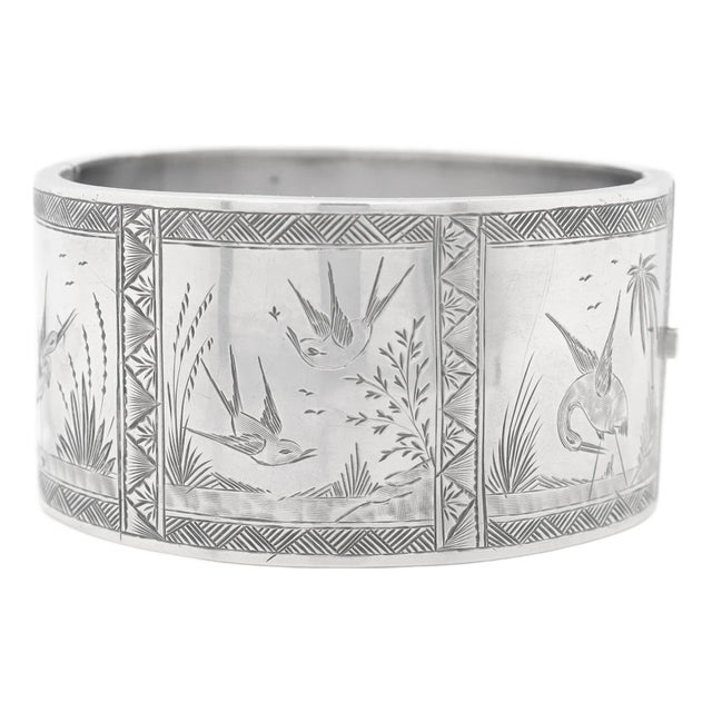 English Victorian Aesthetic Sterling Silver Bangle Bracelet With Scenes of Birds For Sale